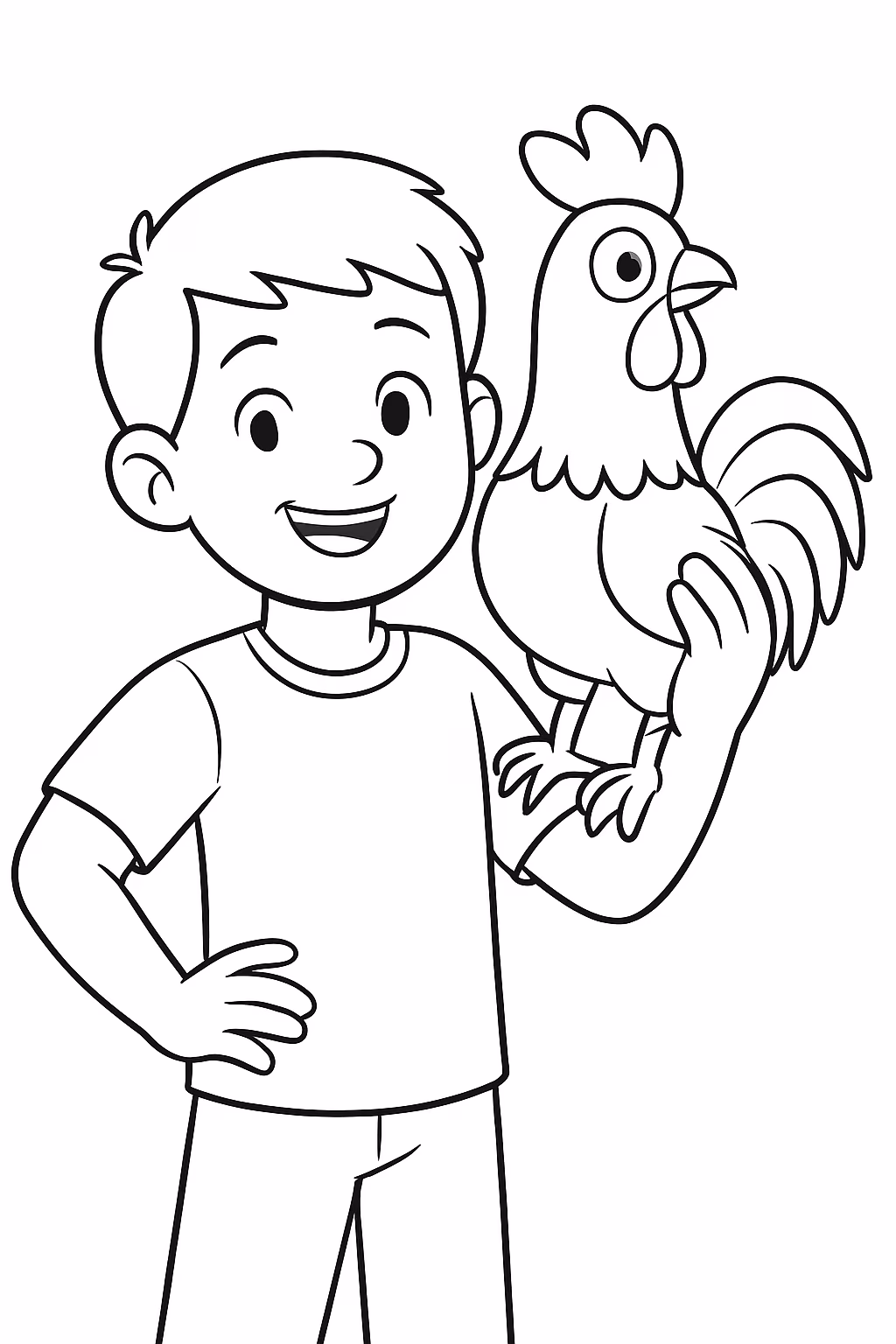 Um menino com um galo no ombro para colorir — desenho para imprimir