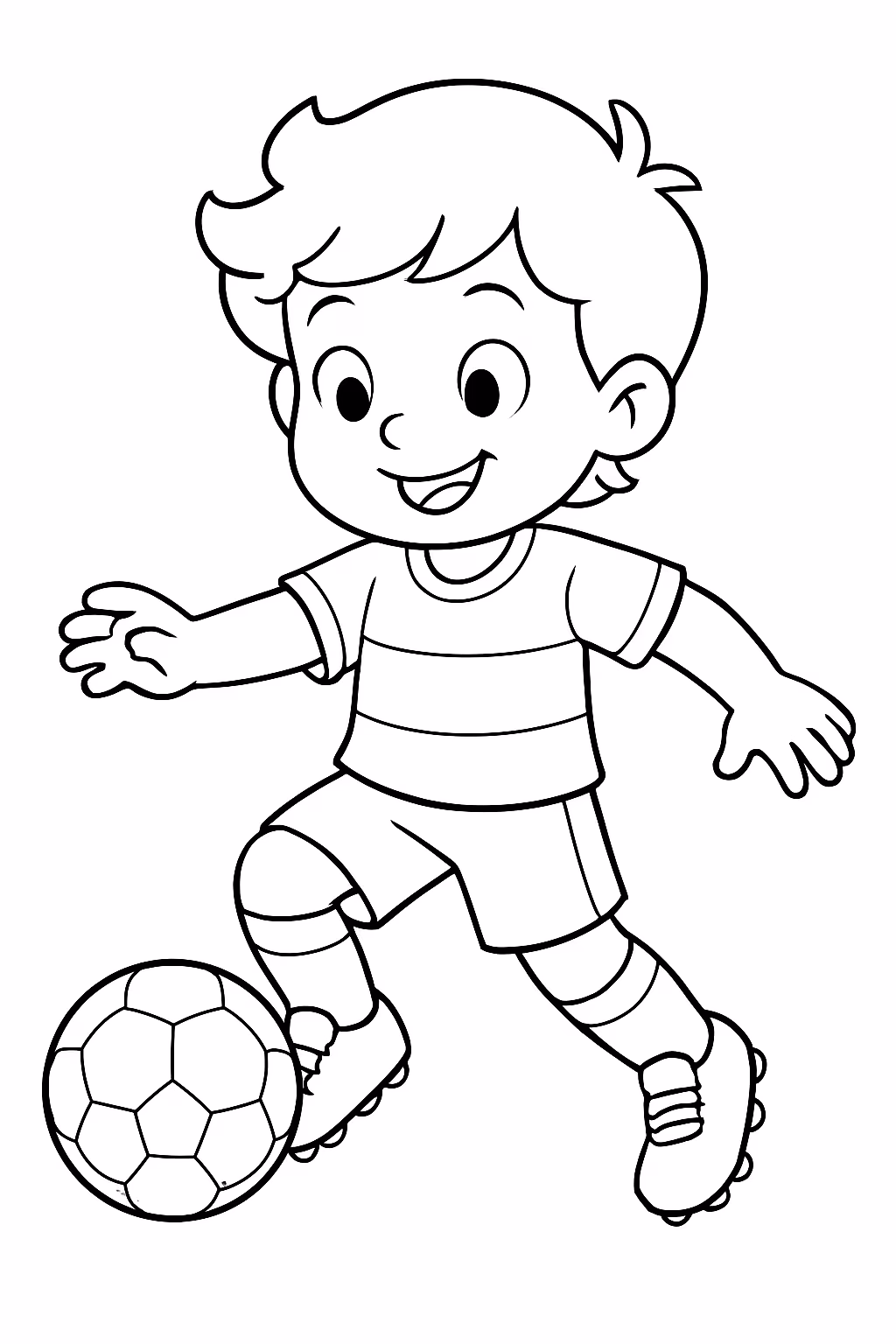 Um menino com uma camisola do subassa a jogar futebol para colorir — desenho para imprimir