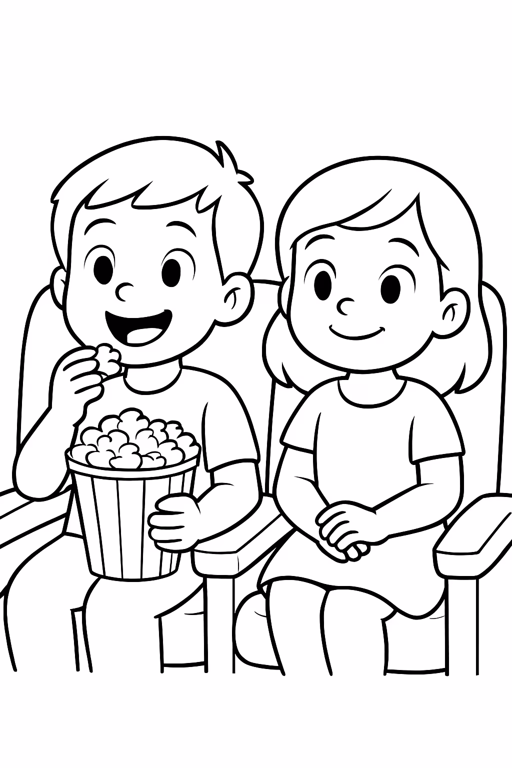 Um menino comendo pipoca no cinema com a amiguinha sarah para colorir — desenho para imprimir