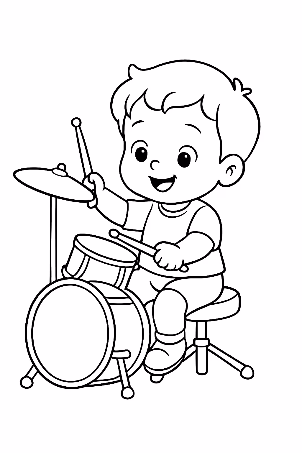 Um menino de anos tocando bateria para colorir — desenho para imprimir