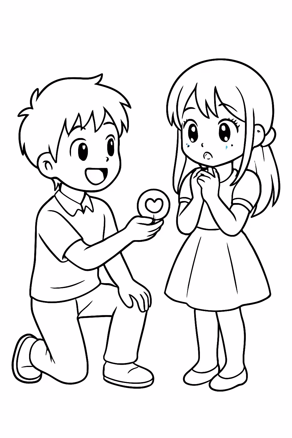 Um menino declarando pra uma menina de anime para colorir — desenho para imprimir