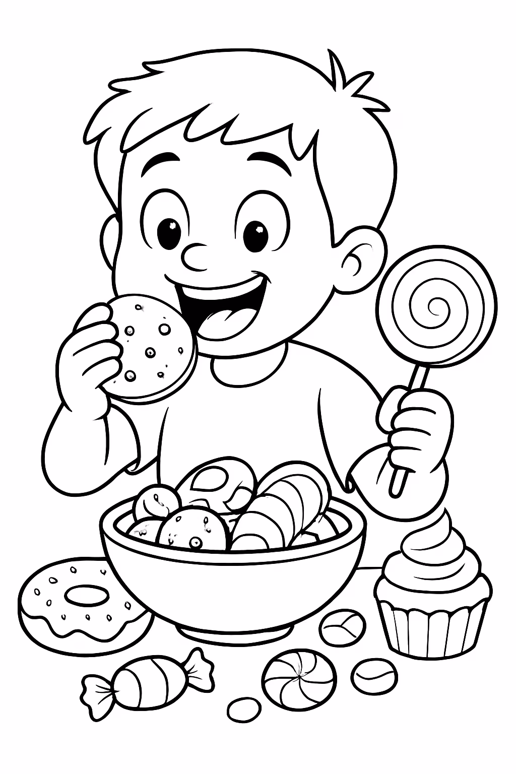 Um menino jogando comendo muito para colorir — desenho para imprimir