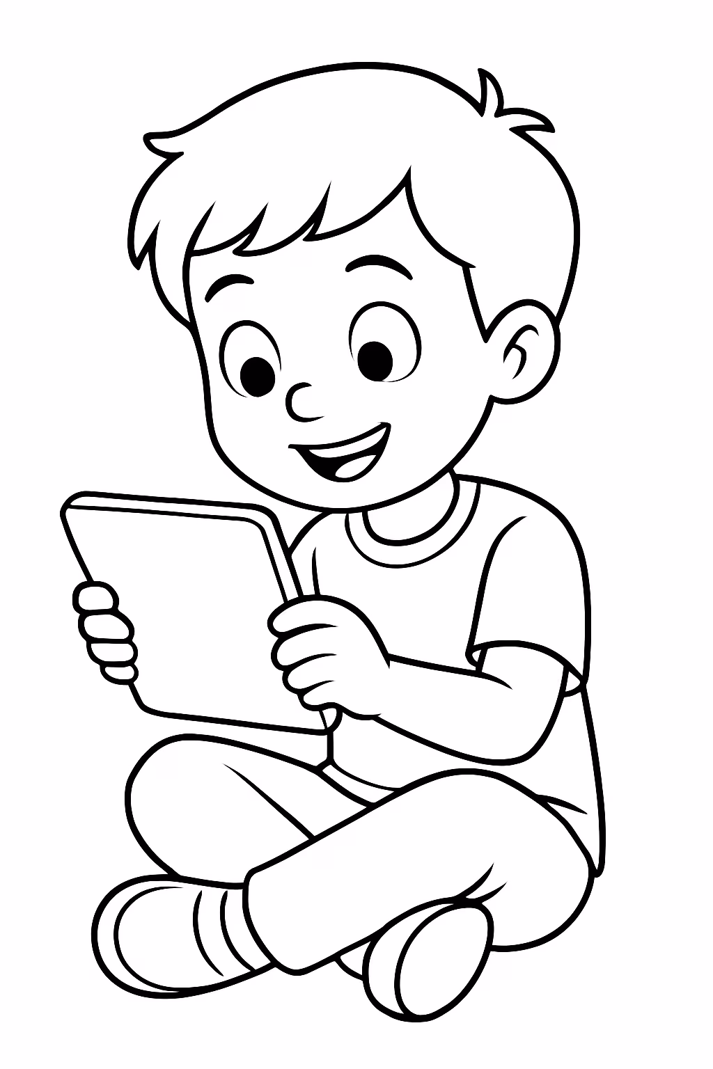 Um menino jogando no tablet para colorir — desenho para imprimir