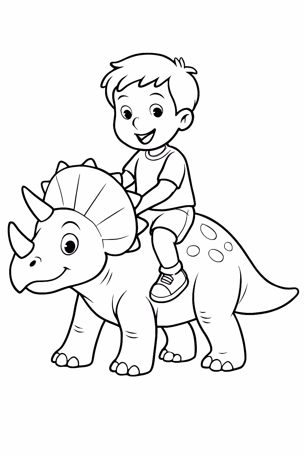 Um menino montado em um triceratops para colorir — desenho para imprimir