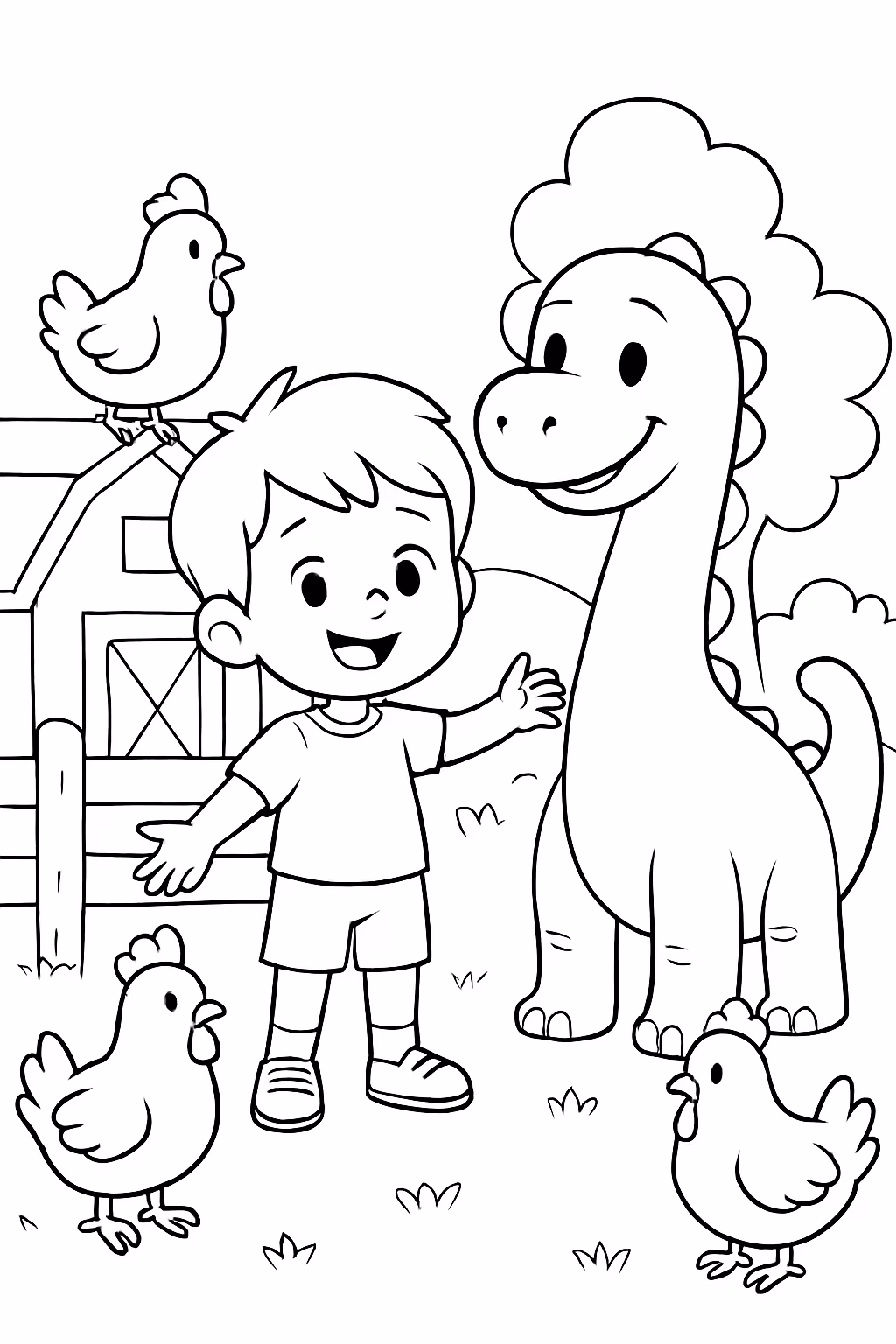 Um menino no meio de um galinheiro com galinhas e para colorir — desenho para imprimir