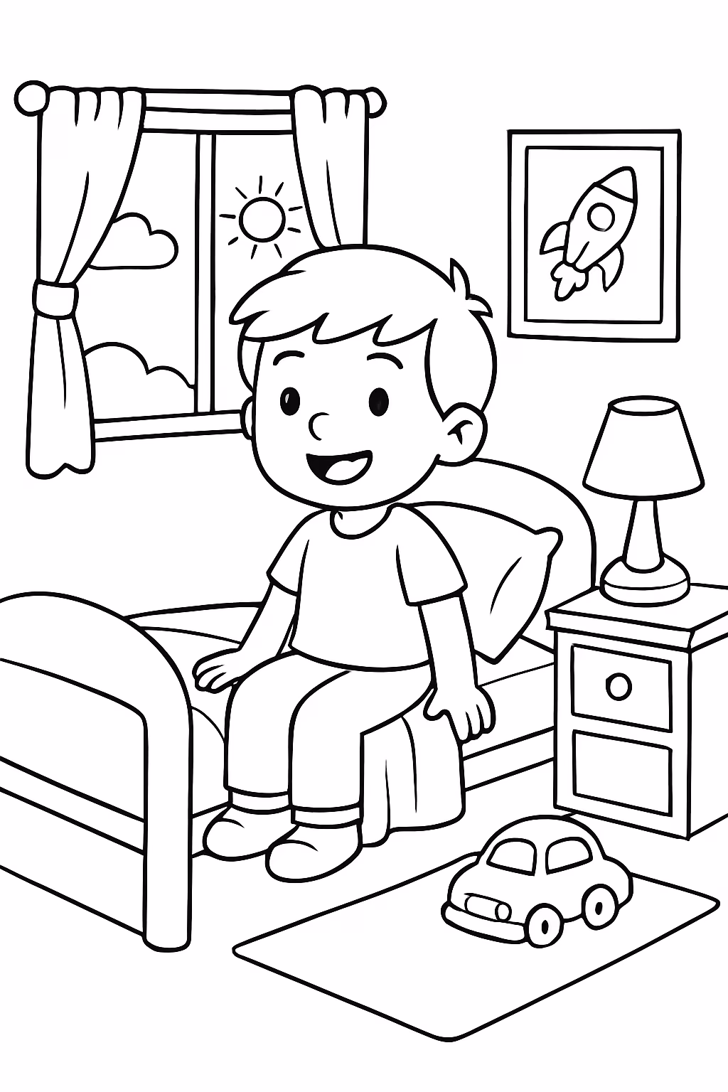 Um menino no seu quarto dos sonhos para colorir — desenho para imprimir