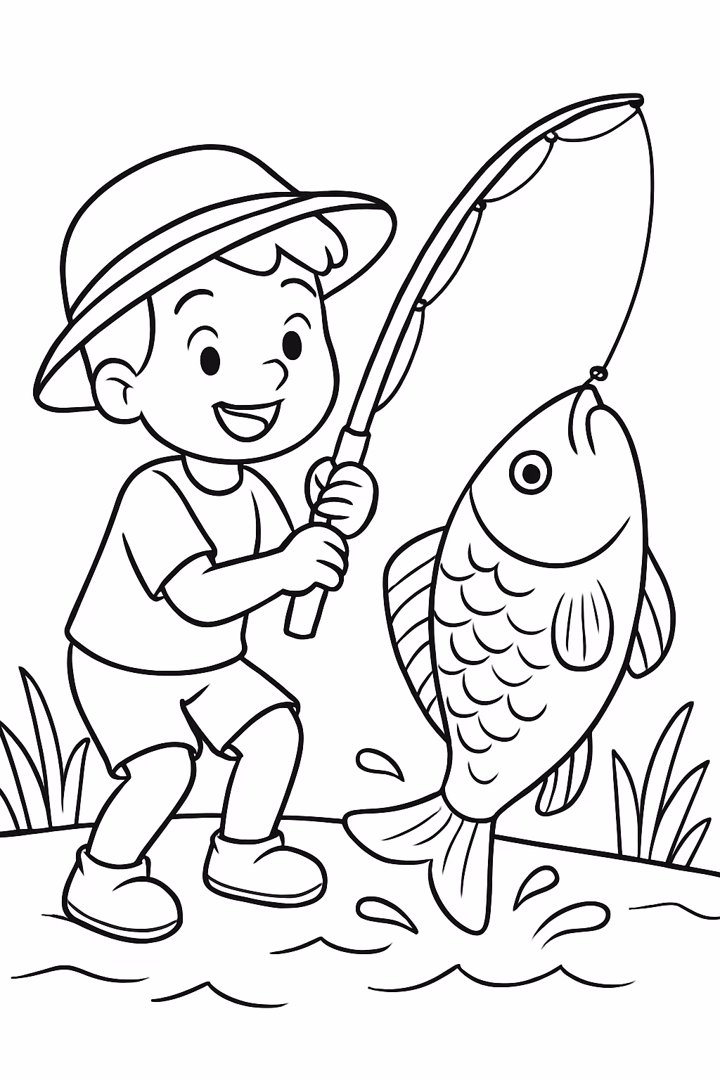 Um menino pescando um peixe grande para colorir — desenho para imprimir