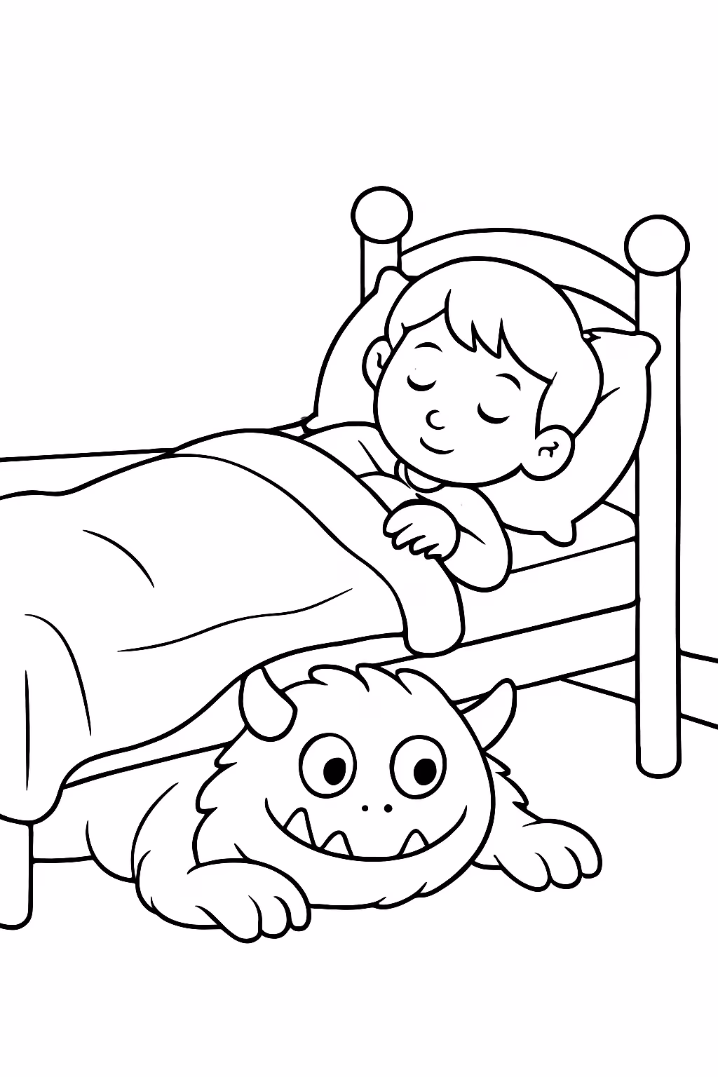 Um monstro debaixo da cama de uma crianca dormindo para colorir — desenho para imprimir
