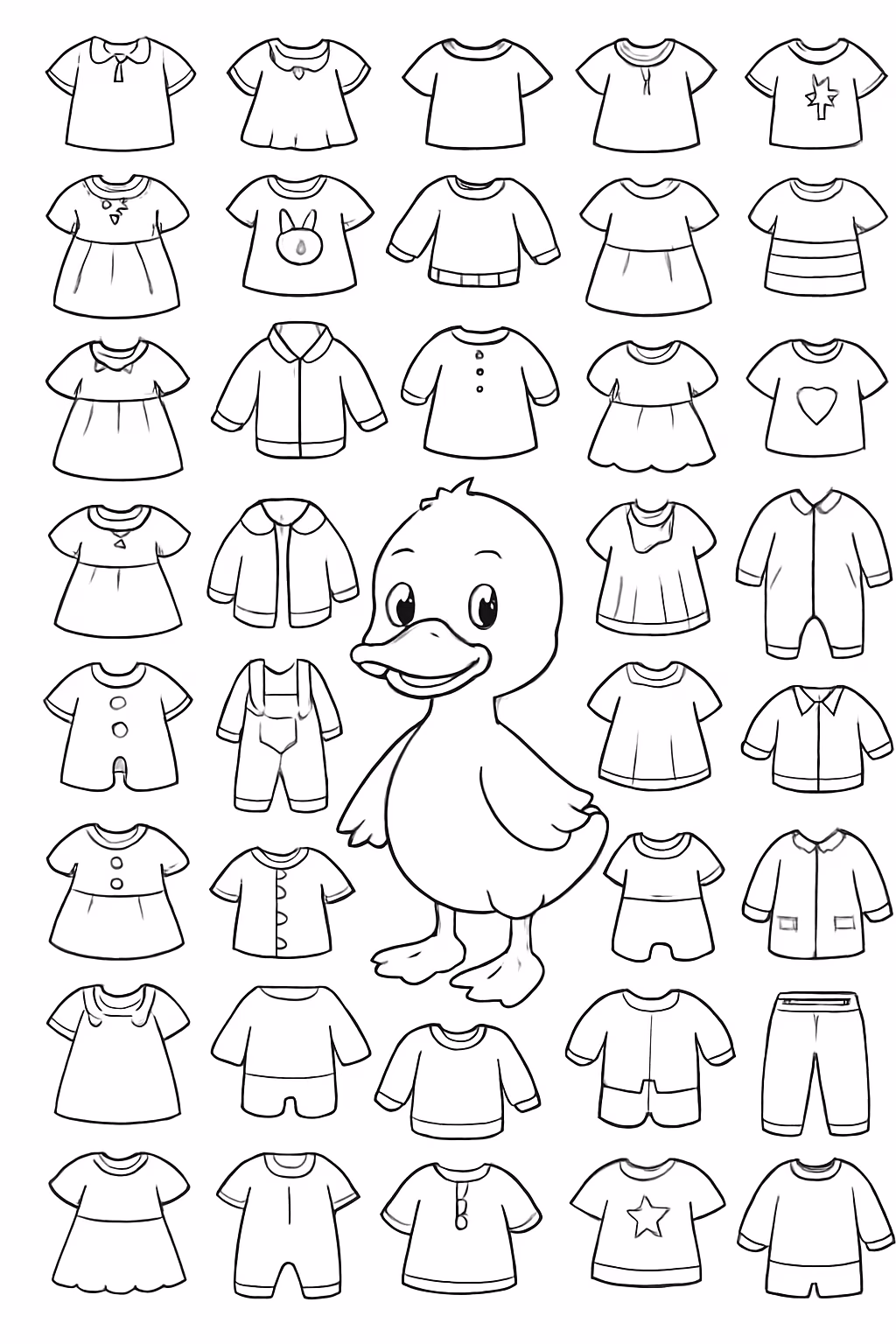 Um paper duck com conjuntos de roupas para colorir — desenho para imprimir