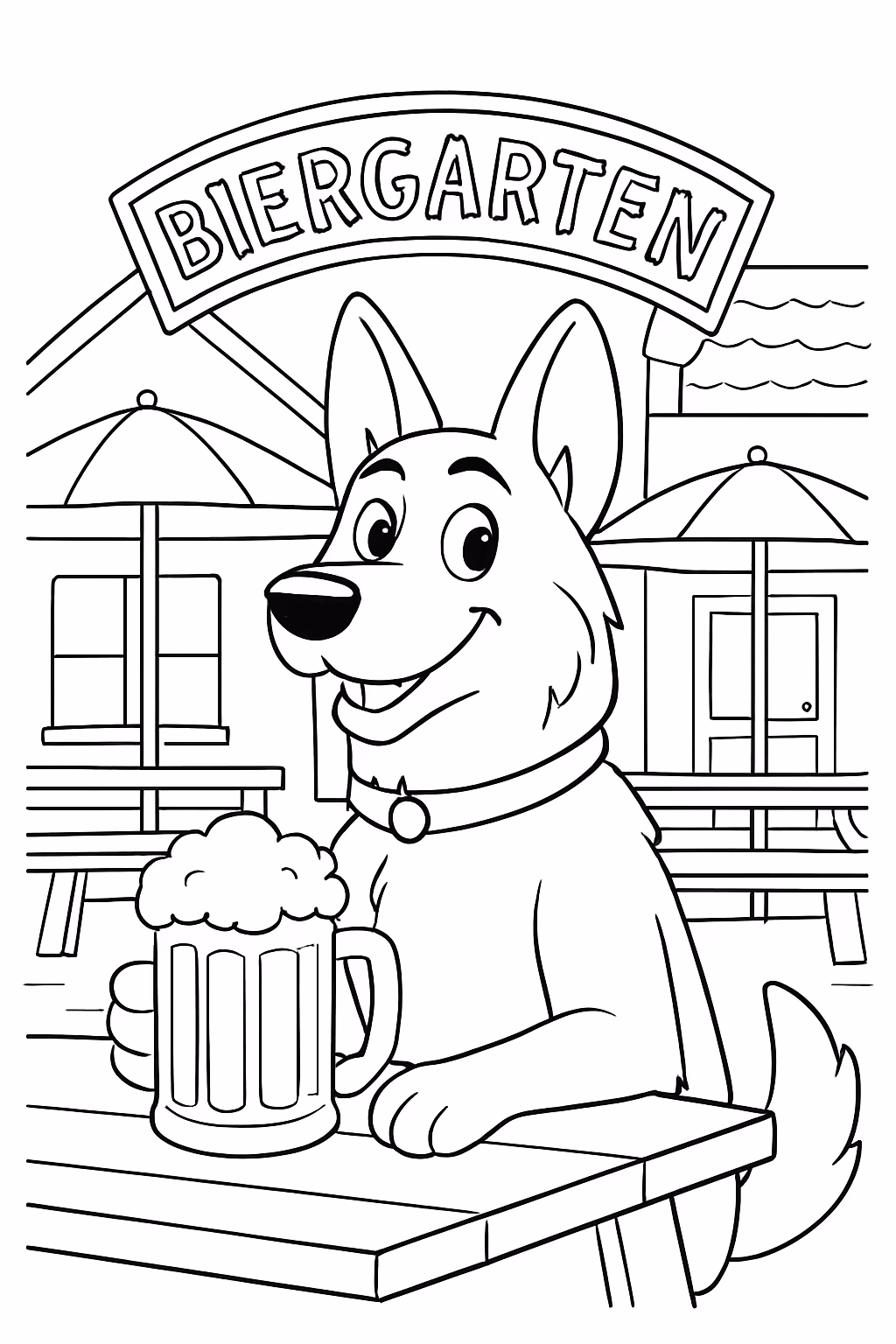 Um pastor alemao em um restaurante chamado biergarten para colorir — desenho para imprimir