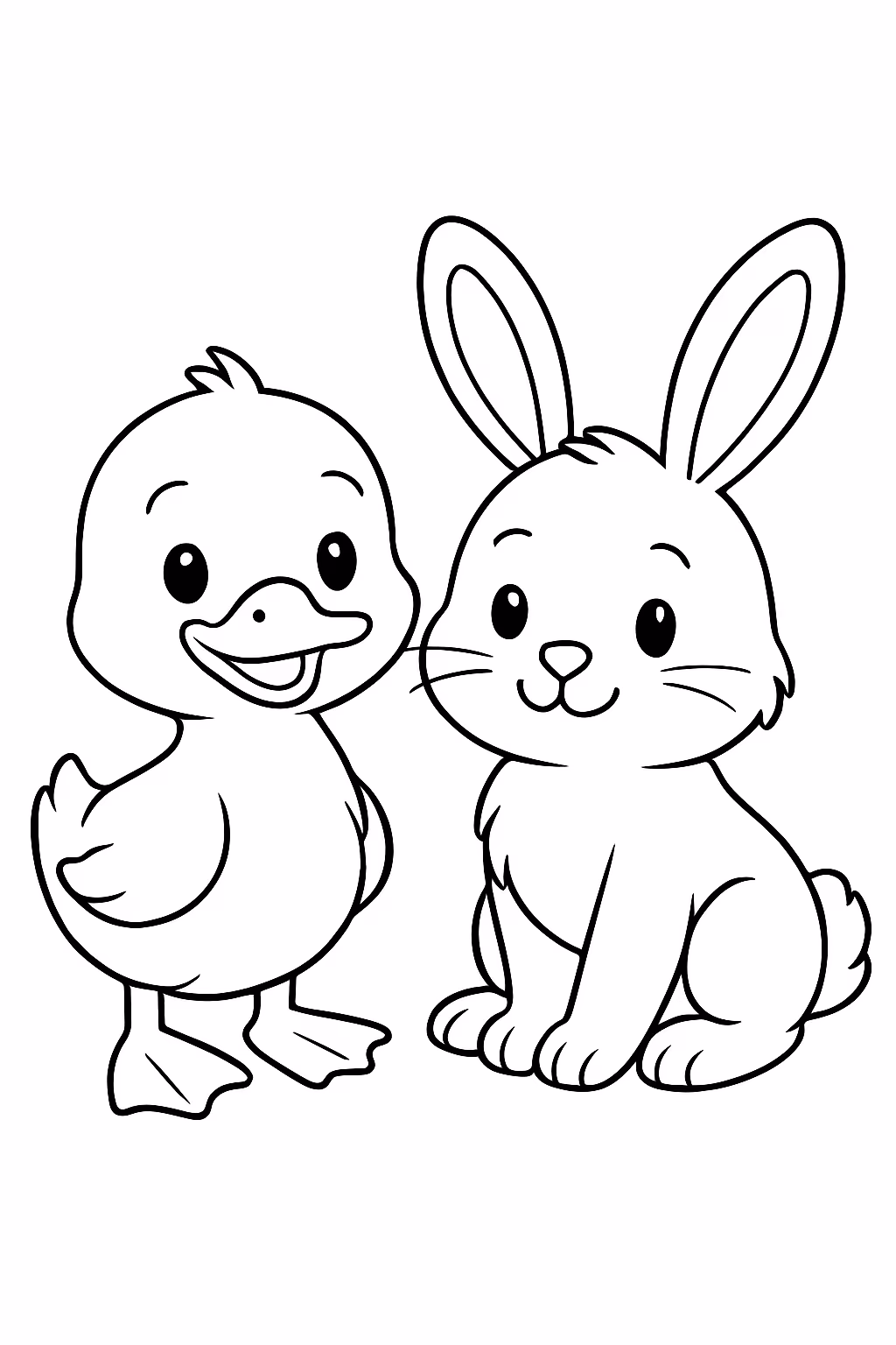 Um patinho e um coelhinho peludo para colorir — desenho para imprimir
