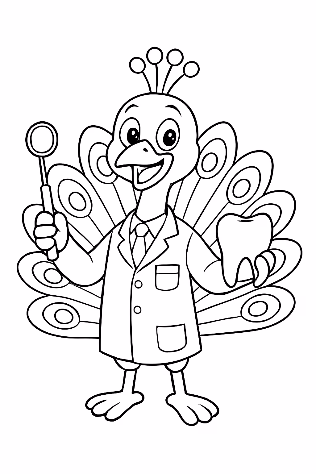 Um pavao vestido de dentista para colorir — desenho para imprimir