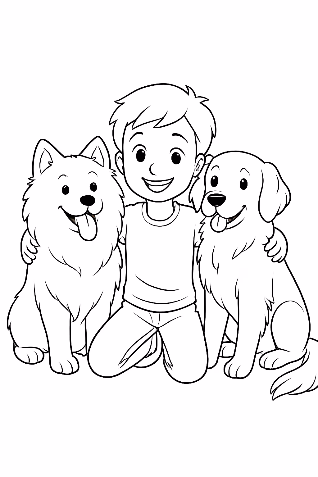 Um samoyeda e um golden com um menino para colorir — desenho para imprimir