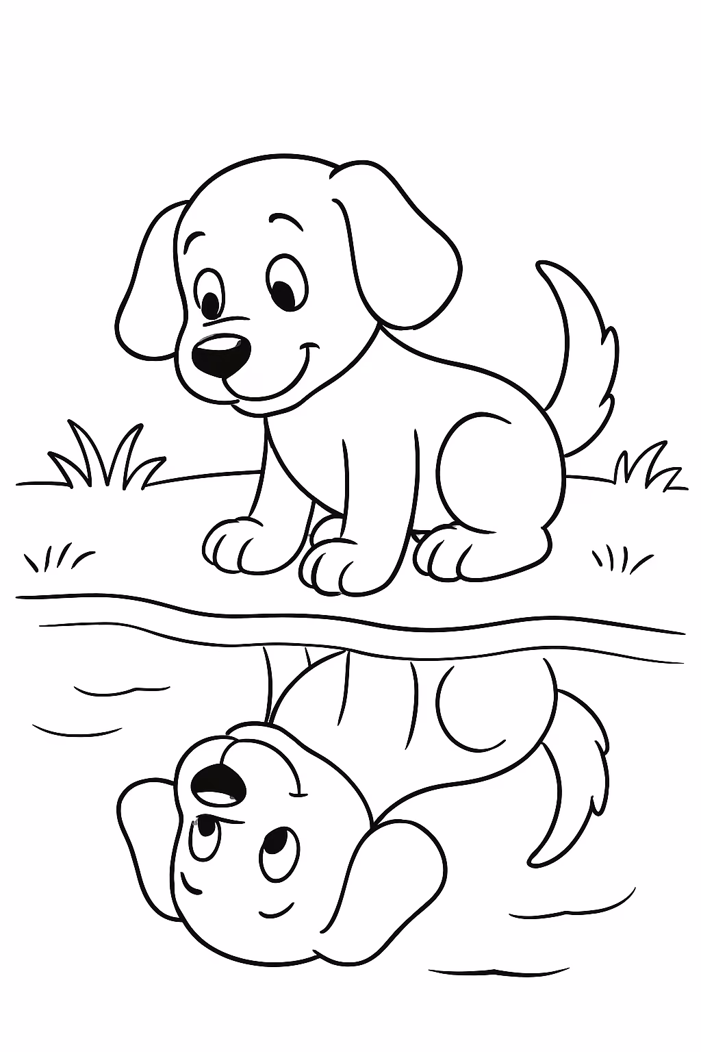 Um simples cachorro olhando pro seu reflexo na agua para colorir — desenho para imprimir