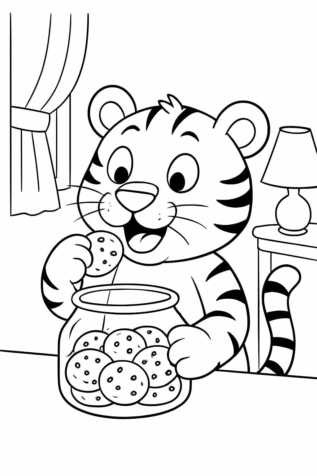 Um tigre comendo sucrilios na tijela de vidro na casa para colorir — desenho para imprimir