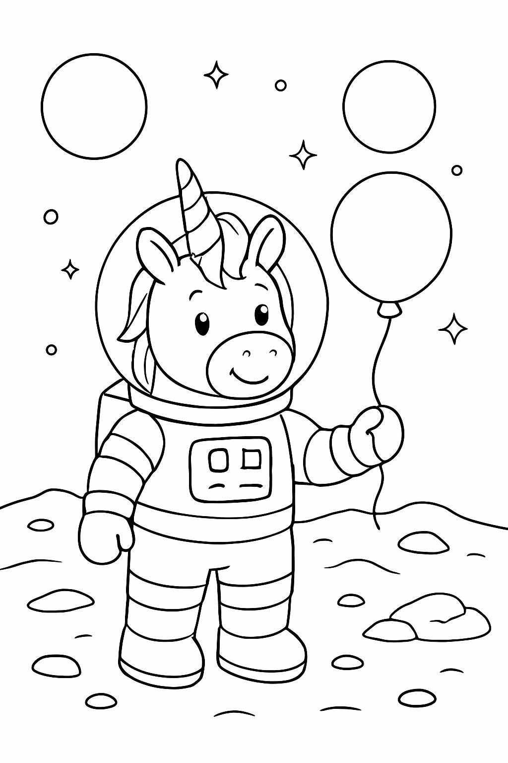 Um unicornio astronauta em marte segurando um balao para colorir — desenho para imprimir