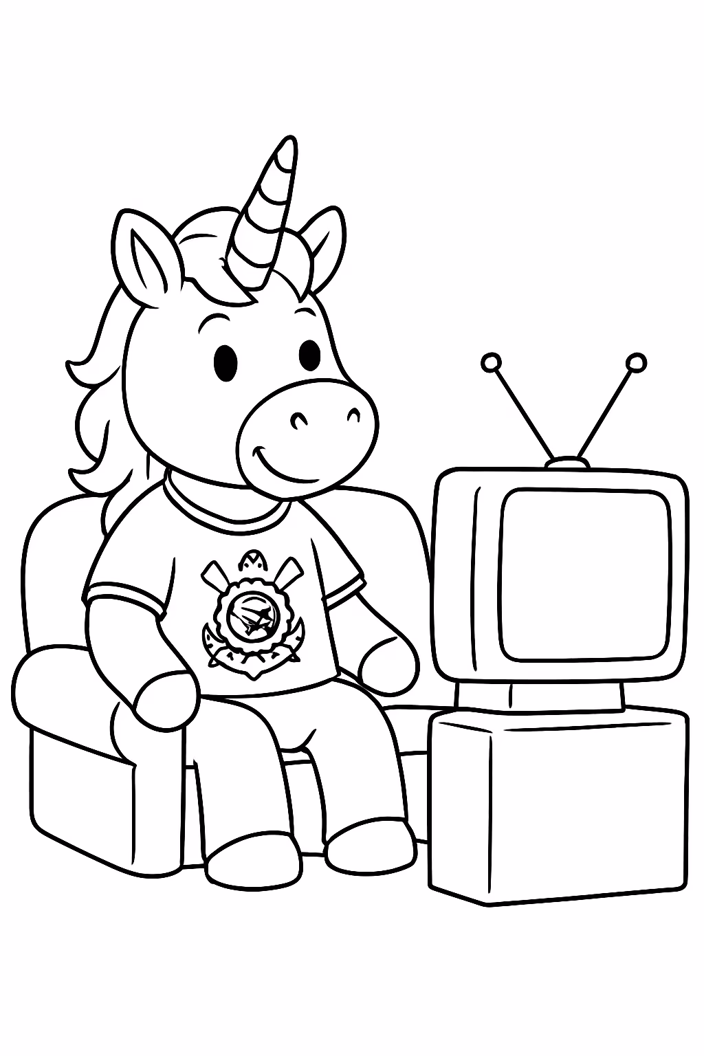Um unicornio com a camisa do corintians assistindo tv para colorir — desenho para imprimir