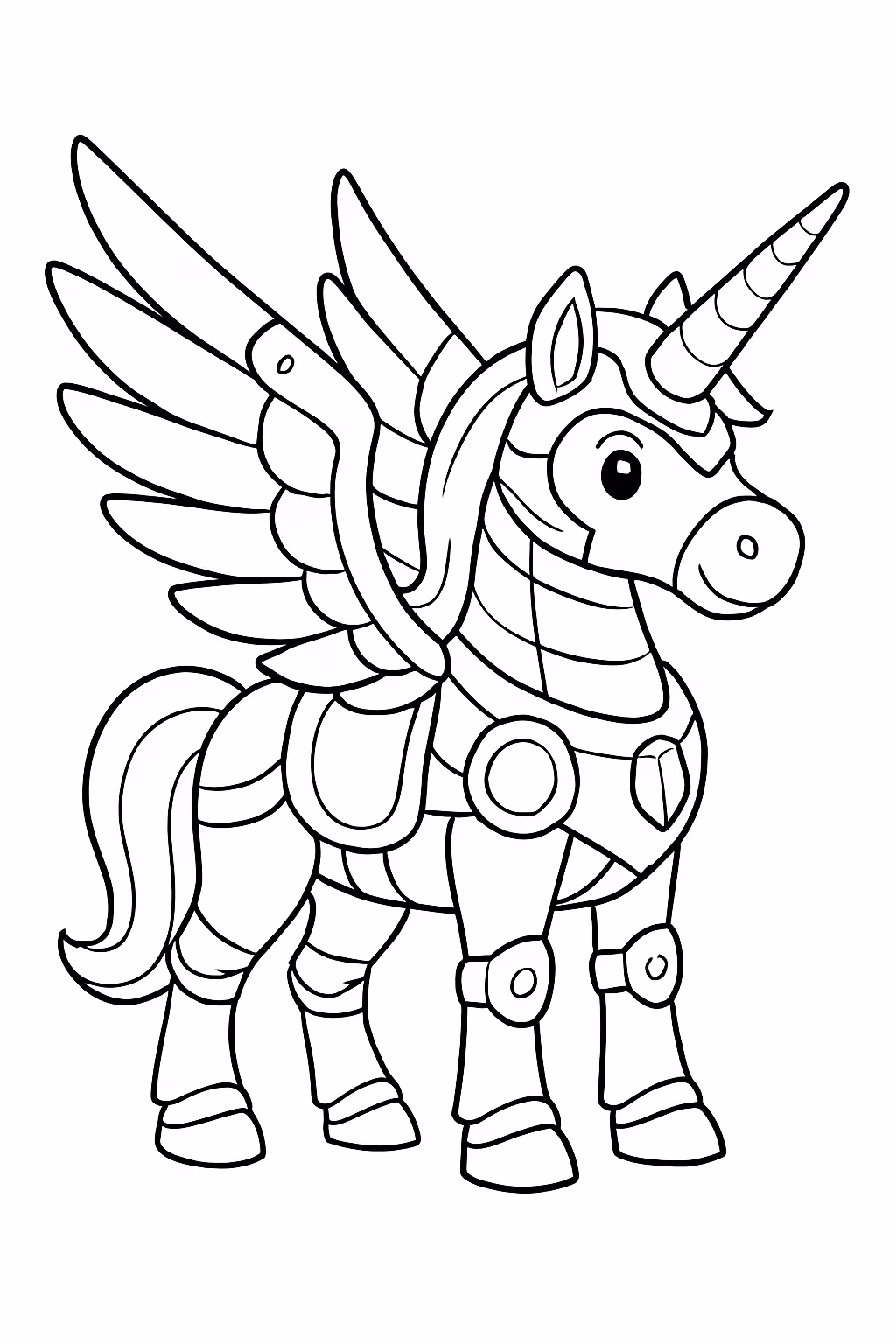 Um unicornio de armadura e asas de metal para colorir — desenho para imprimir