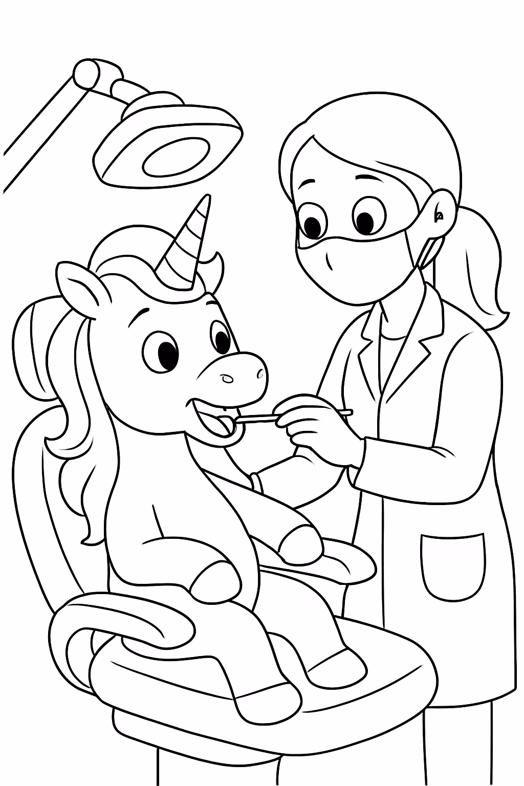 Um unicornio sendo atendido pela dentista para colorir — desenho para imprimir