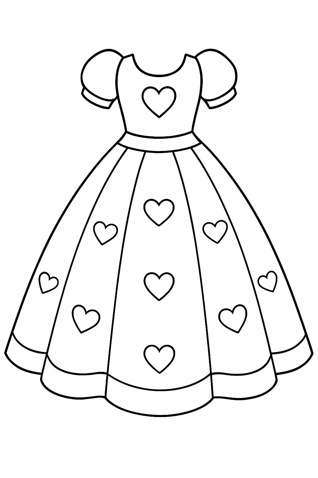 Um vestido rodado bem longo com detalhes de coracao para colorir — desenho para imprimir