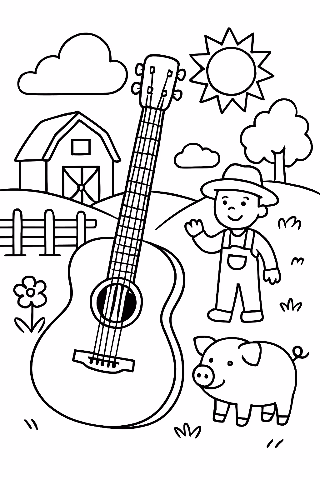 Um violao na fazendinha para colorir — desenho para imprimir