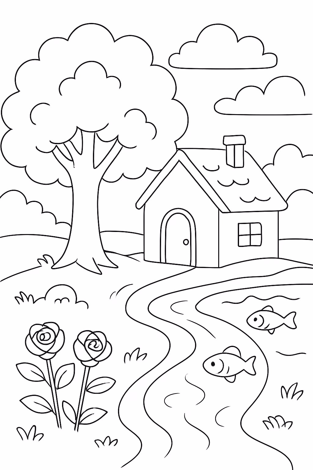 Uma arvore uma casa rosas rios com peixes para colorir — desenho para imprimir
