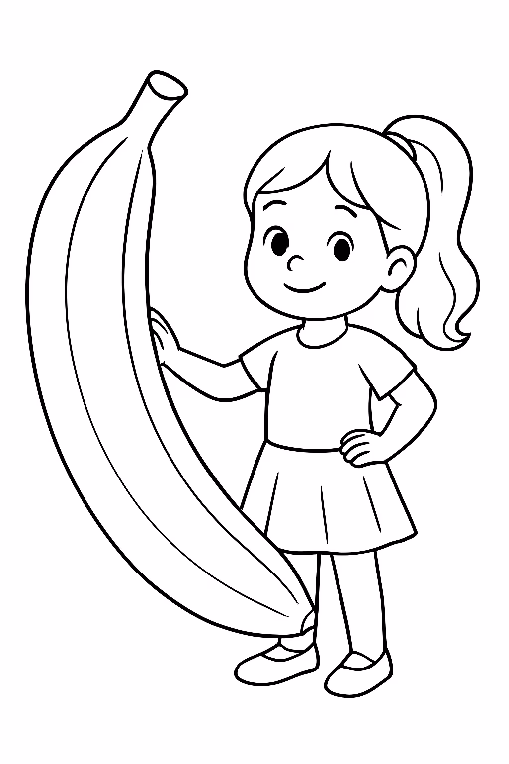Uma banana gigante com uma linda menina ao lado para colorir — desenho para imprimir