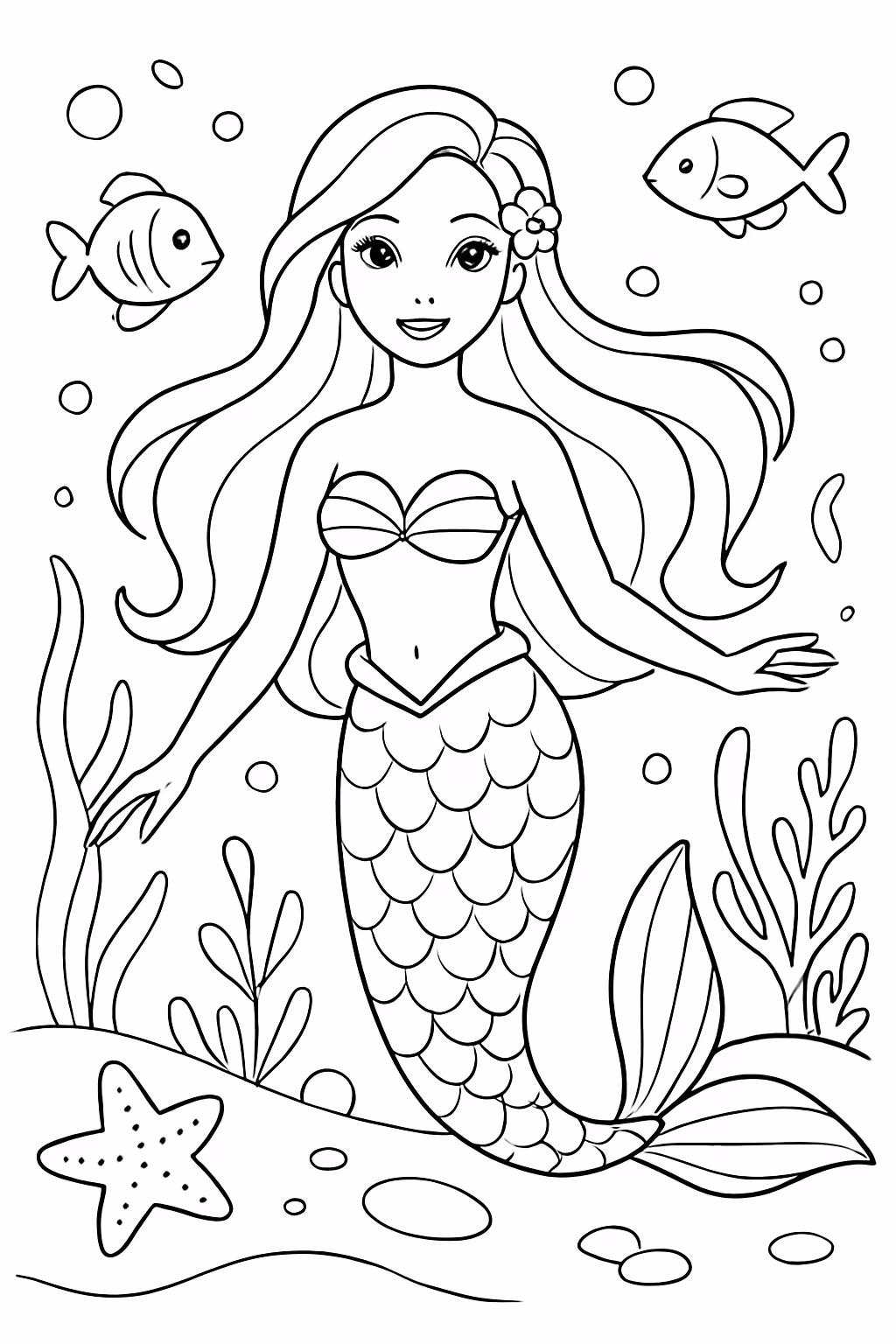 Uma barbie seria no fundo do mar para colorir — desenho para imprimir