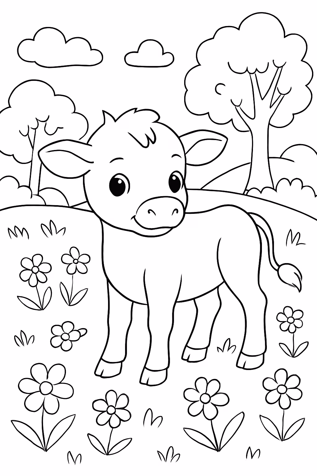 Uma bezerra recem nascida no campo cheios de flores e para colorir — desenho para imprimir
