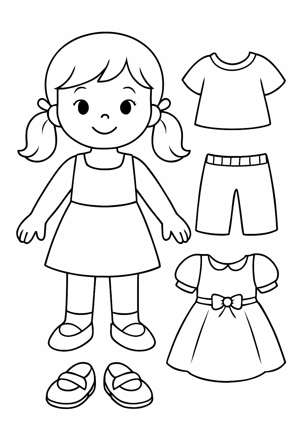 Uma boneca com roupas separadas e brincar para colorir — desenho para imprimir