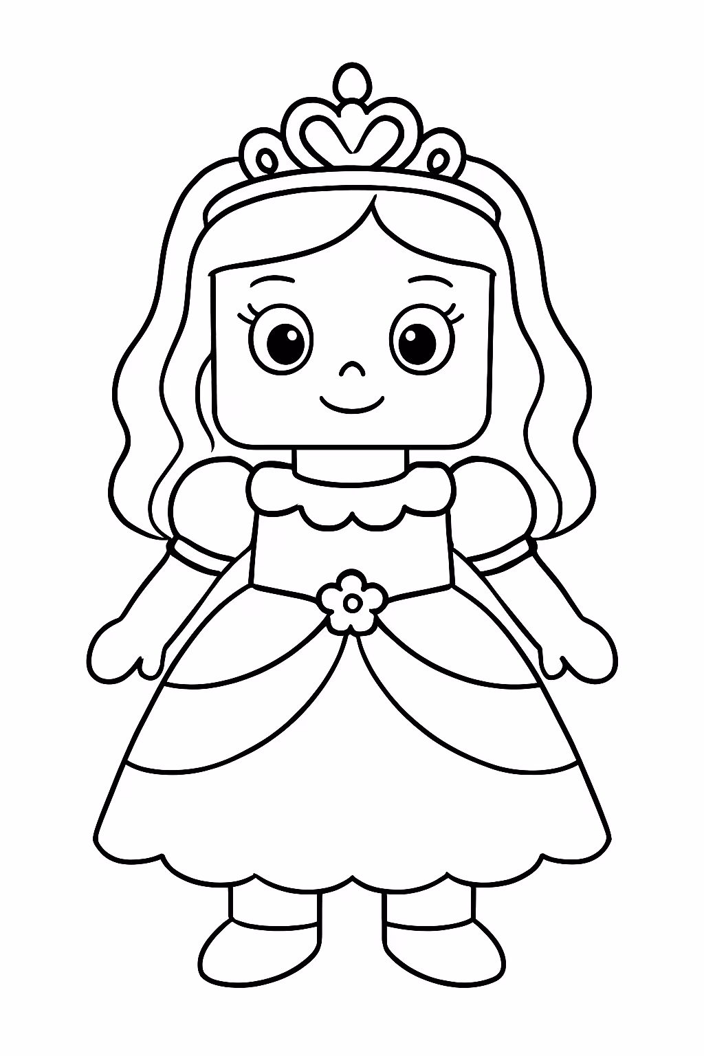 Uma boneca de corpo quadradro com vestido de princesa para colorir — desenho para imprimir