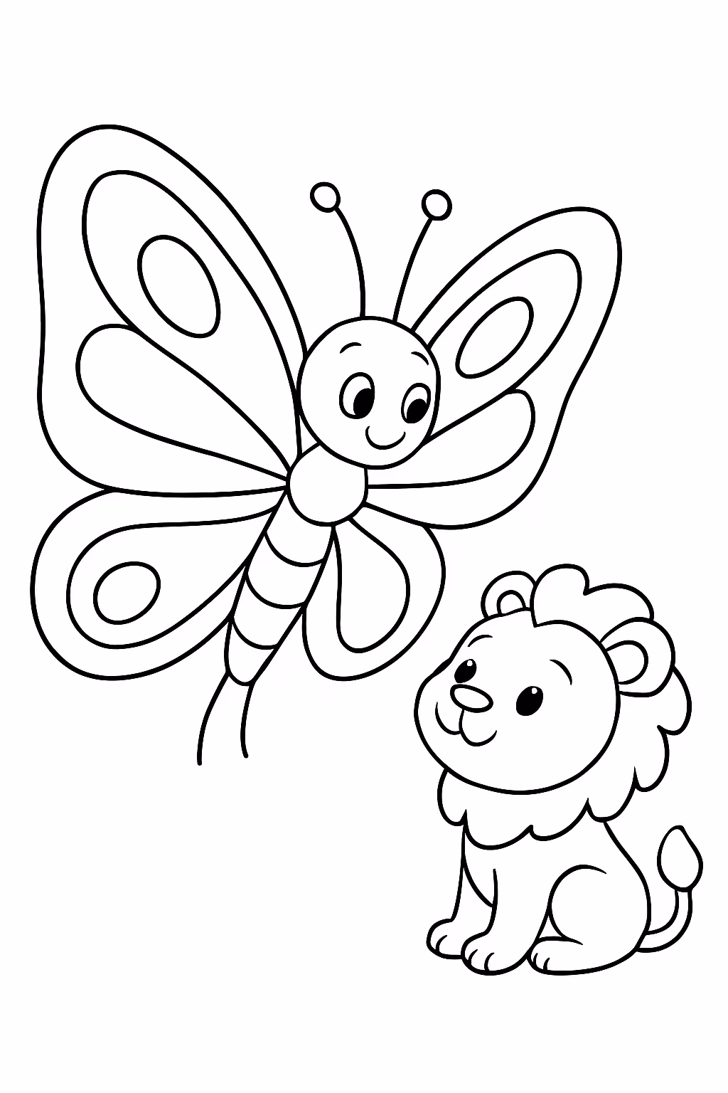 Uma borboleta gigante olhando um leao que fica pequeno na para colorir — desenho para imprimir