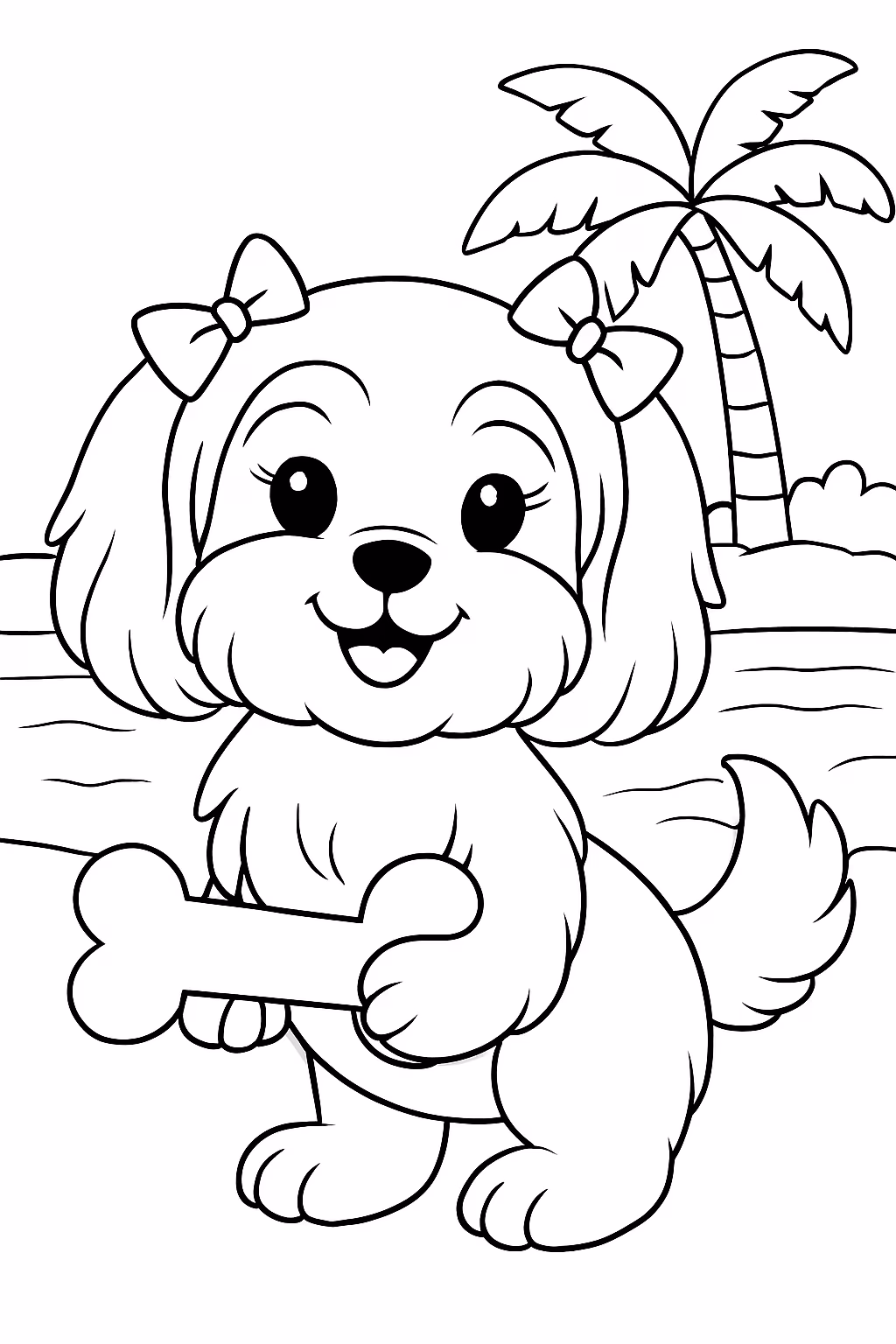 Uma cachorra da raca jitsu com lacinhos no cabelo e para colorir — desenho para imprimir