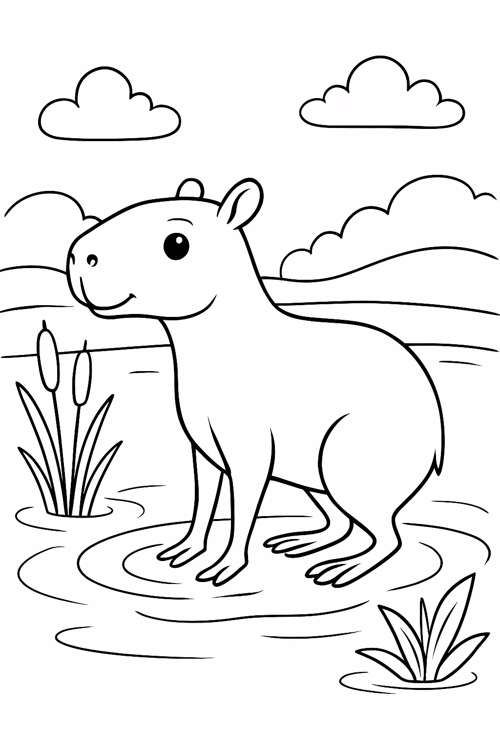Uma capivara bem magra na lagoa para colorir — desenho para imprimir
