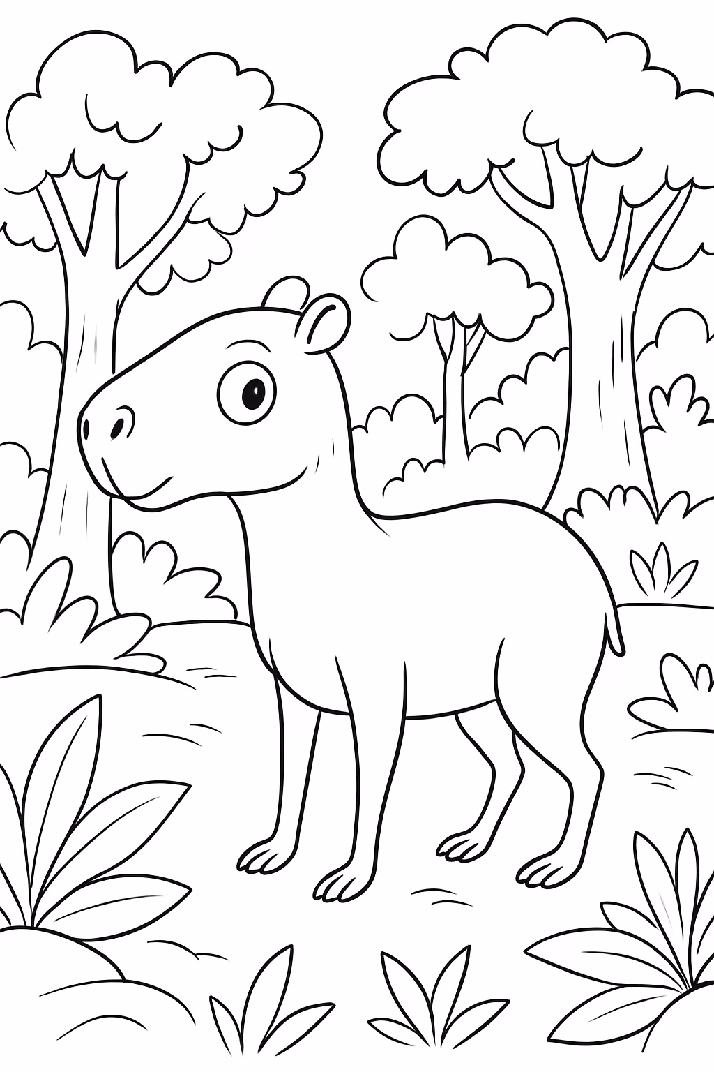 Uma capivara bem magrinha no bosque para colorir — desenho para imprimir