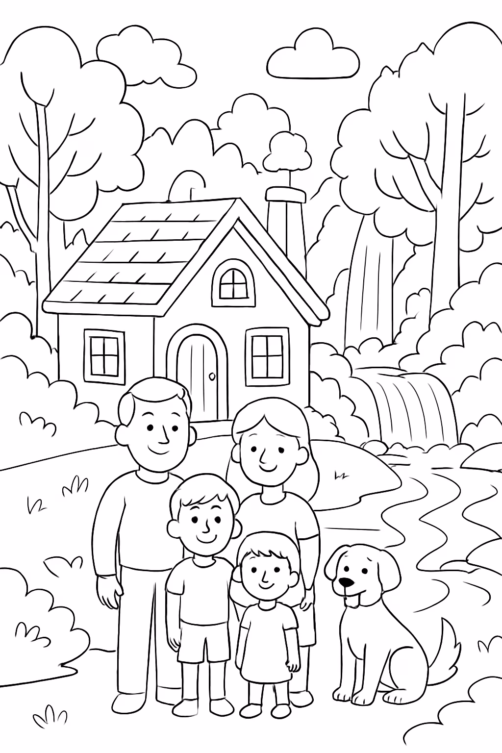 Uma casa na floresta com uma familia e cachoeira para colorir — desenho para imprimir