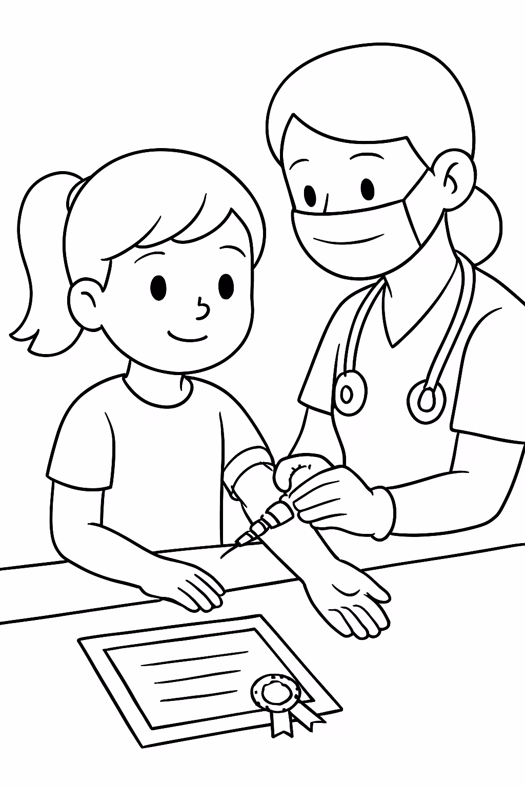 Uma crianca fazendo fazendo exame de sangue com certificado de para colorir — desenho para imprimir