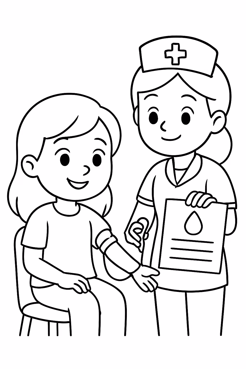 Uma crianca fazendo fazendo exame de sangue com certificado de para colorir — desenho para imprimir