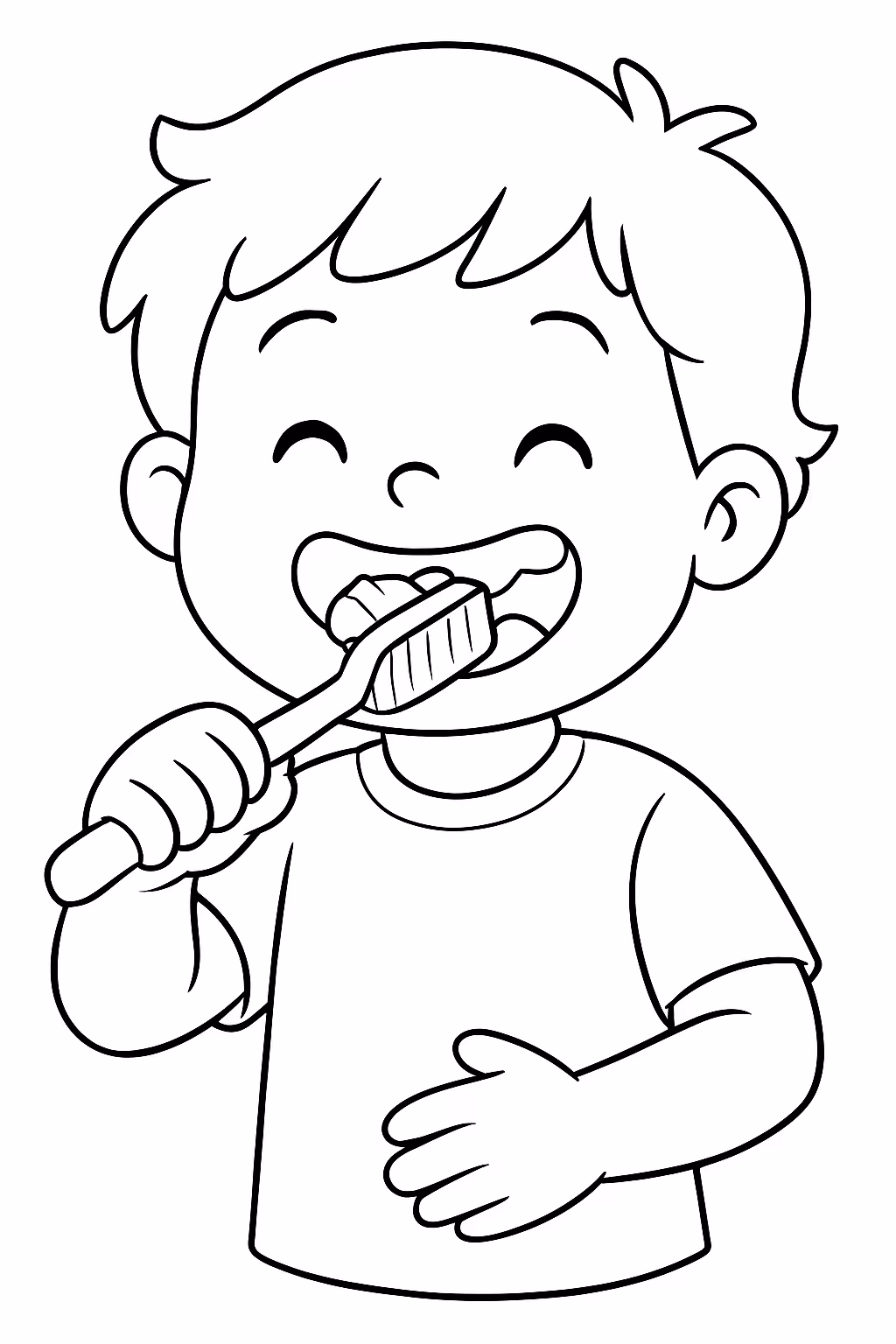 Uma crianca feliz escovando os dentes para colorir — desenho para imprimir
