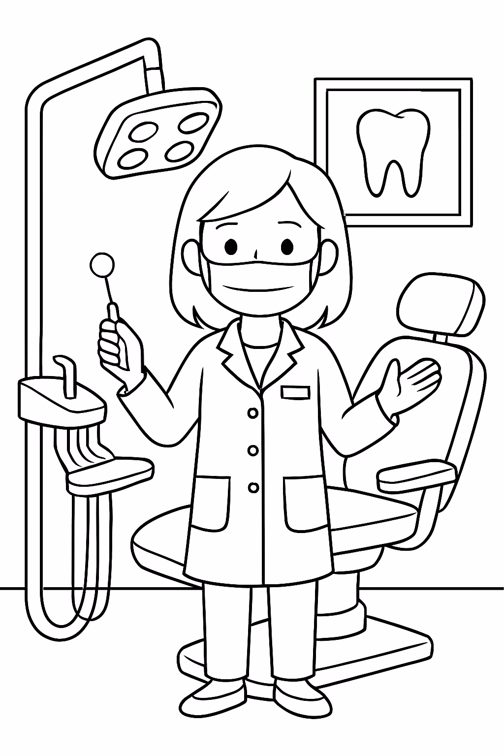 Uma dentista em seu consultorio odontologico para colorir — desenho para imprimir