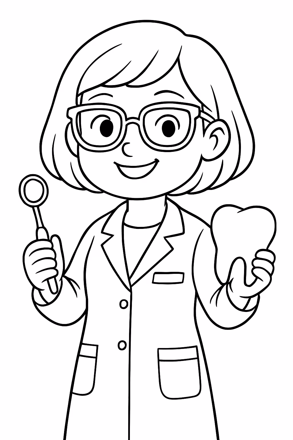 Uma dentista mulher de cabelo bem curto que usa oculos para colorir — desenho para imprimir