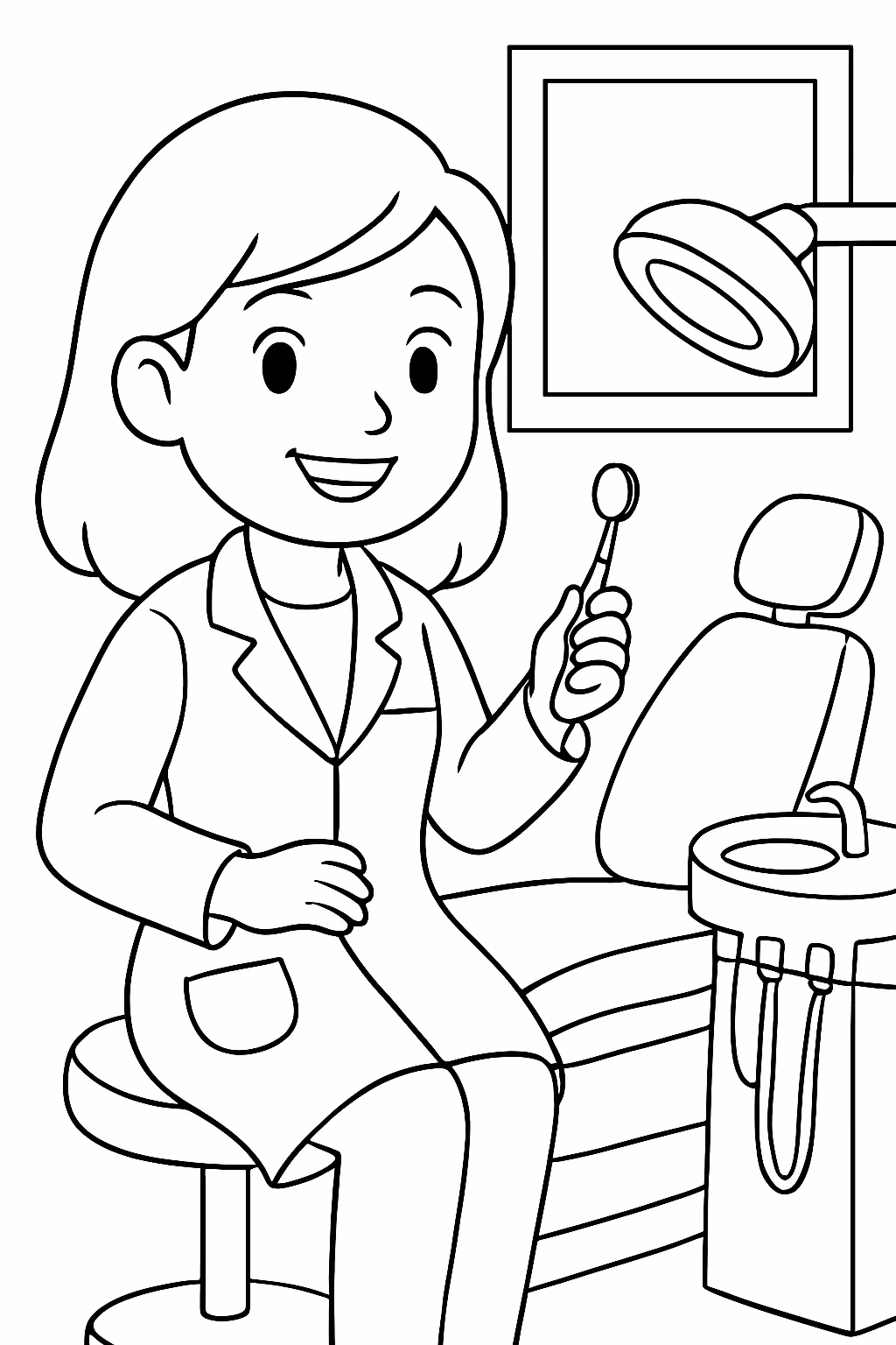 Uma dentista sem mascara em seu consultorio para colorir — desenho para imprimir
