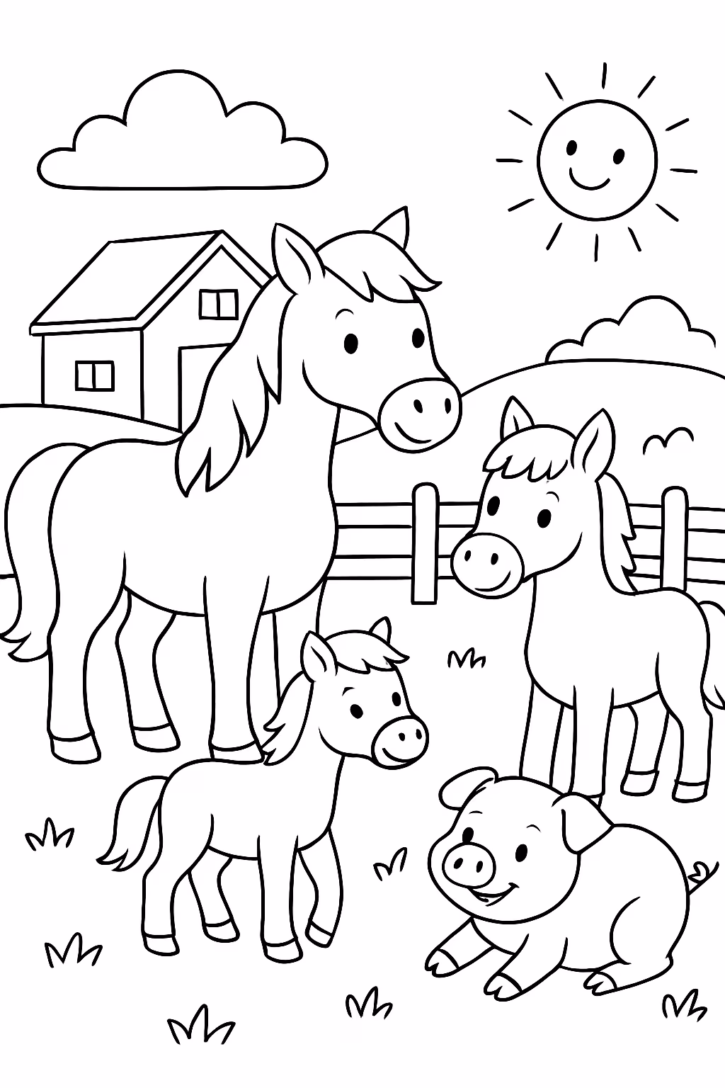 Uma familia de cavalos em uma fazenda com porcos para colorir — desenho para imprimir