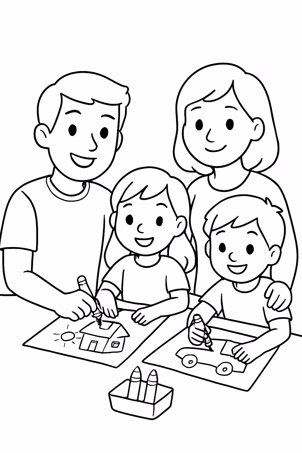 Uma familia pintando para colorir — desenho para imprimir