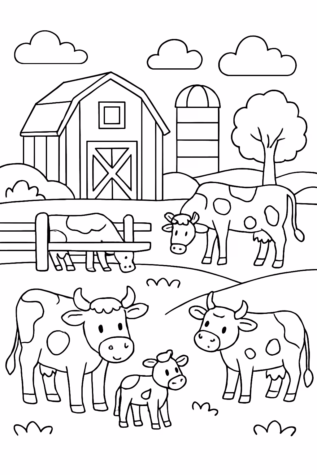 Uma fazenda com bois e vacas para colorir — desenho para imprimir