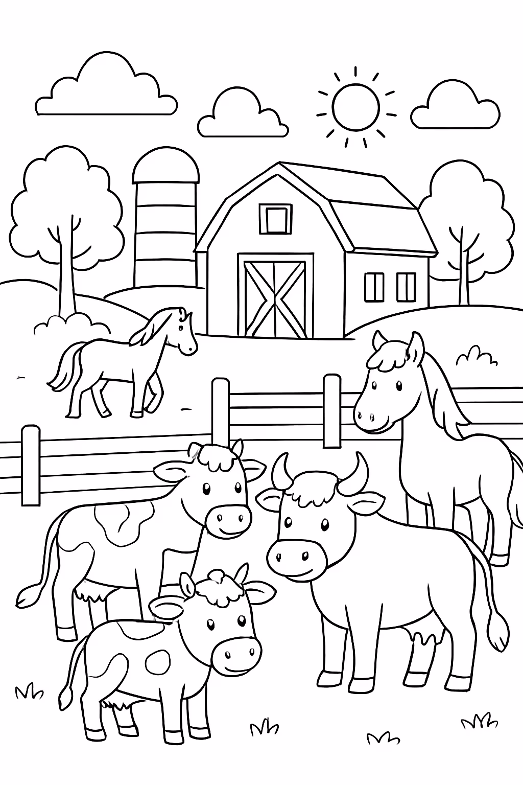 Uma fazenda com bois e vacas e cavalos para colorir — desenho para imprimir