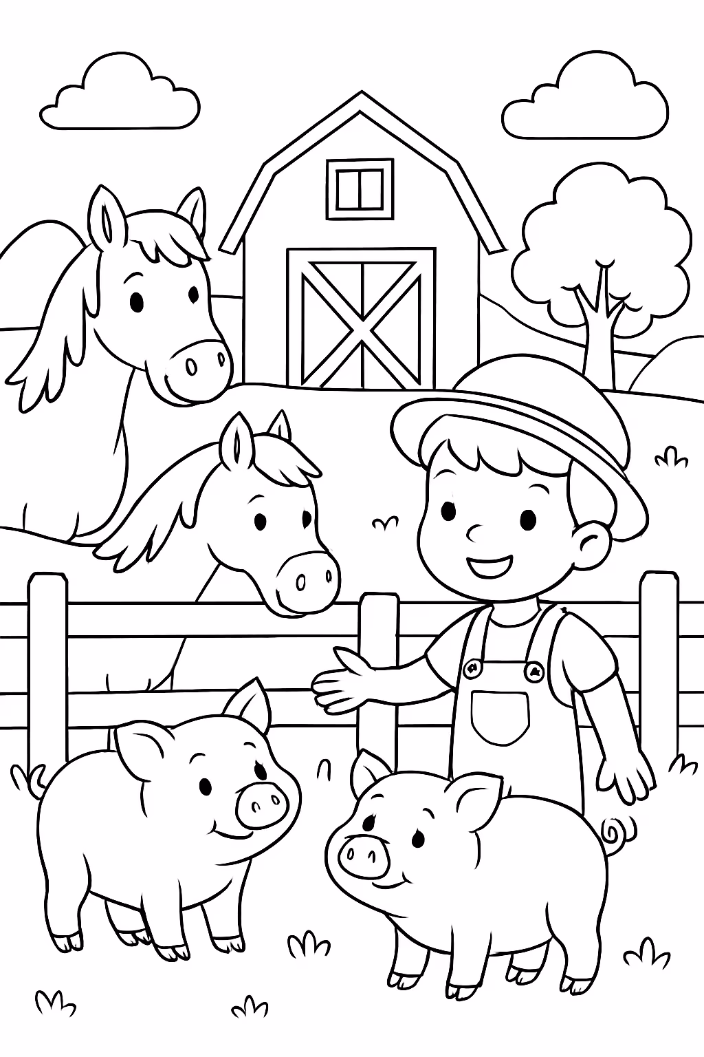 Uma fazenda com cavalos um menino e porcos para colorir — desenho para imprimir
