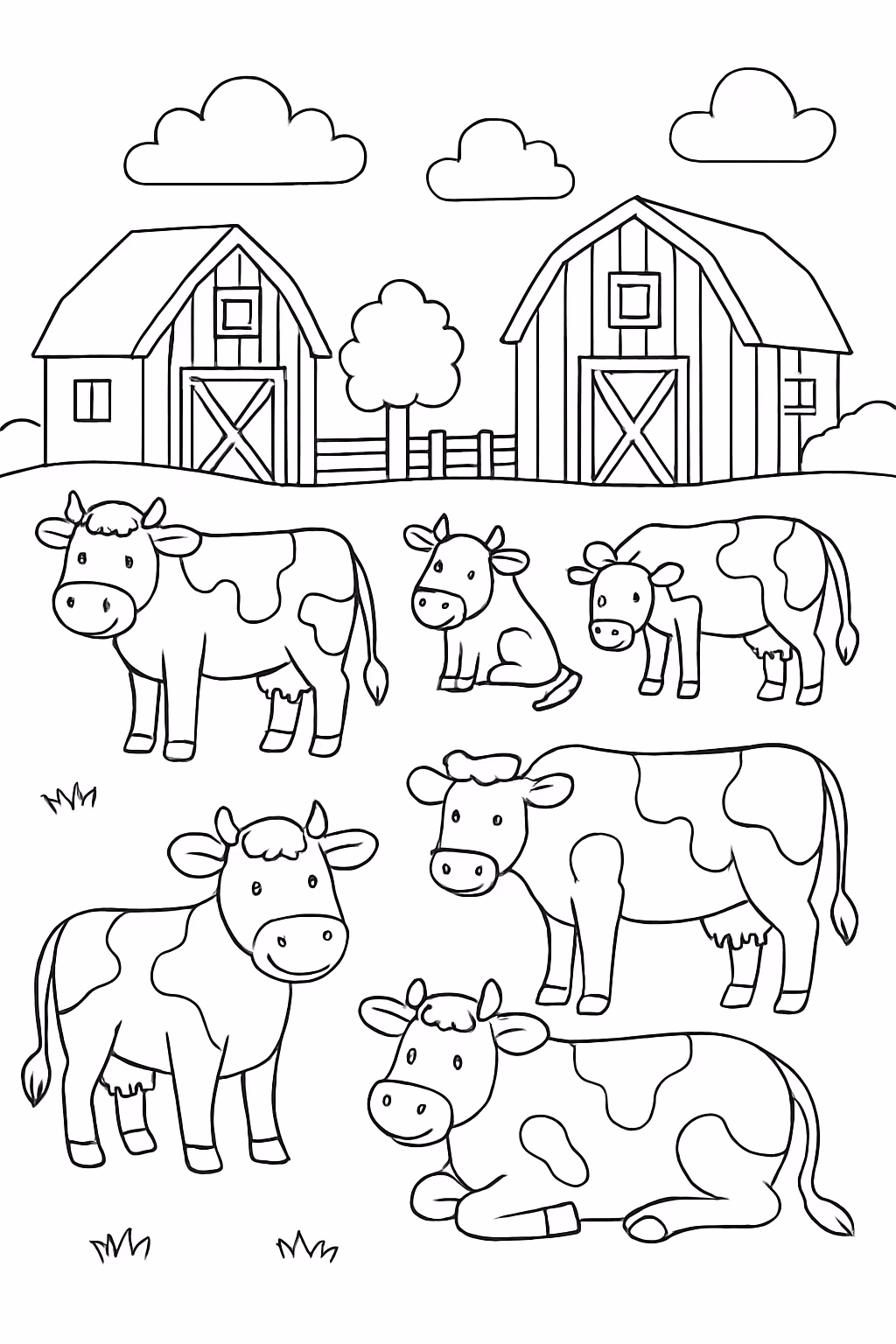 Uma fazenda com varios bois e vacas para colorir — desenho para imprimir