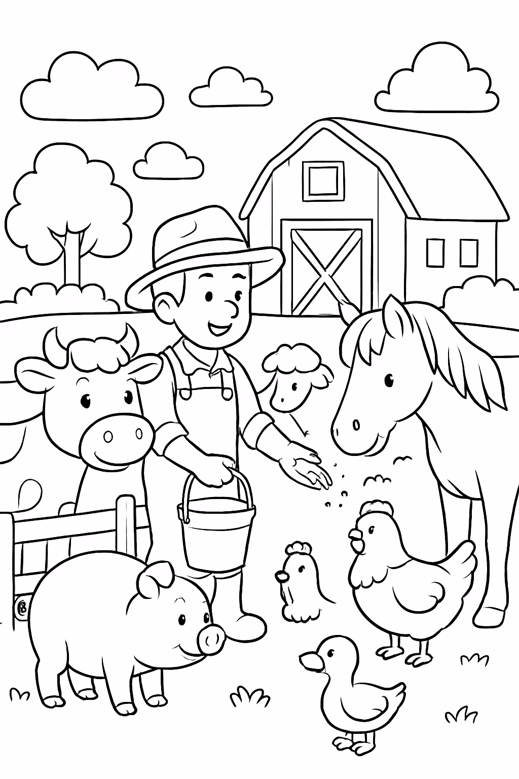 Uma fazendinha cheia de animais e o fazendeiro tratando eles para colorir — desenho para imprimir