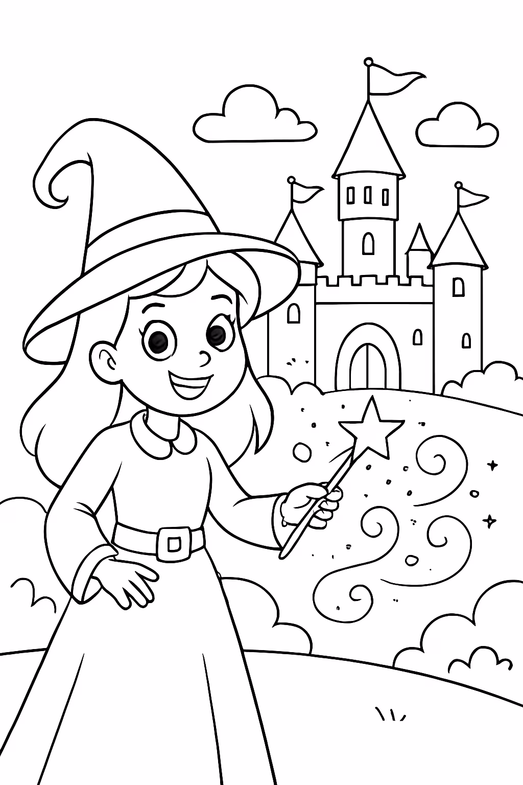 Uma fenticeira fazendo magica no castelo para colorir — desenho para imprimir